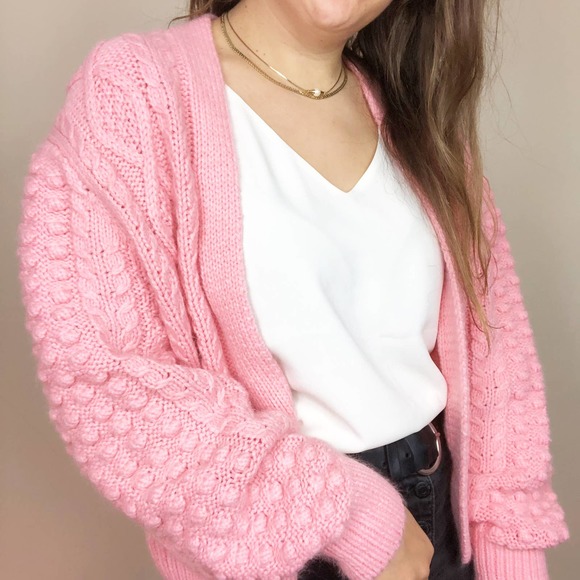 H&M | Women's Medium Coral Pink Chunky Knit Wool Cardigan Sweater Bobble Pompom - Picture 2 of 8